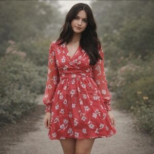 New red floral plunging v neck chiffon fairycore smocked Flowy dress NWT sz S
